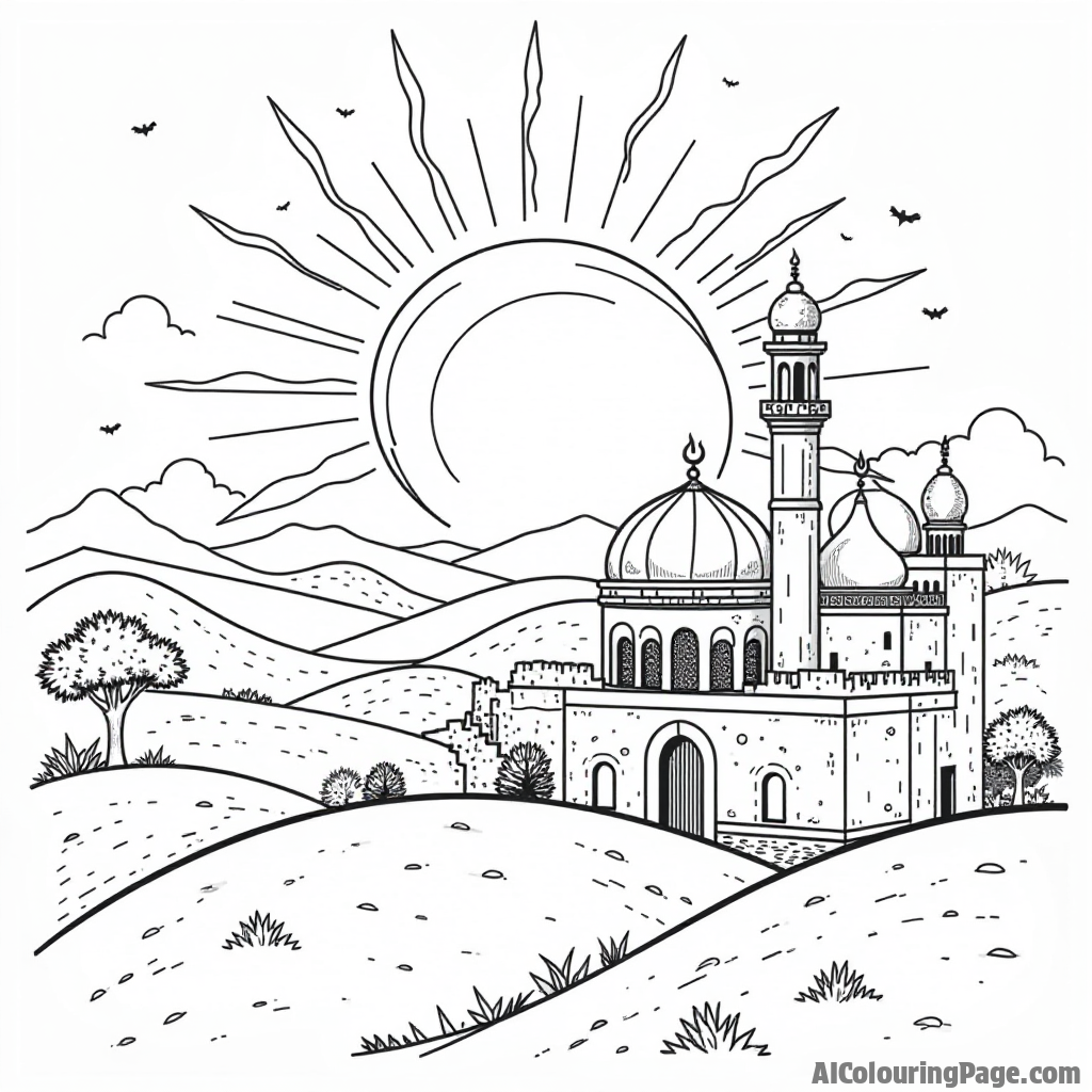 A cheerful sun rising over a peaceful village, symbolizing a new day of fasting and reflection during Ramadan. Festivals and Traditions Coloring Sheets.