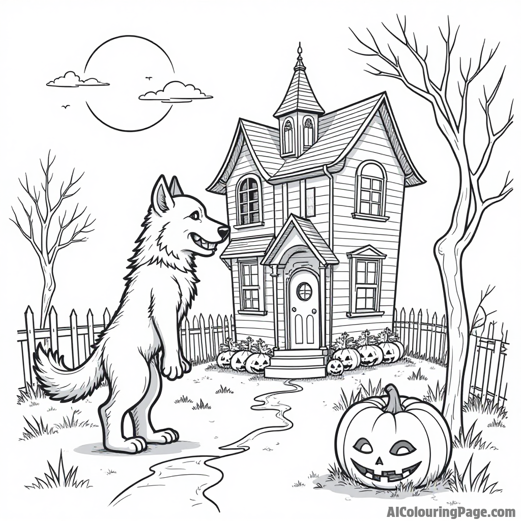 A werewolf exploring a haunted house with friendly ghosts, cobwebs, and spooky decorations for Halloween.