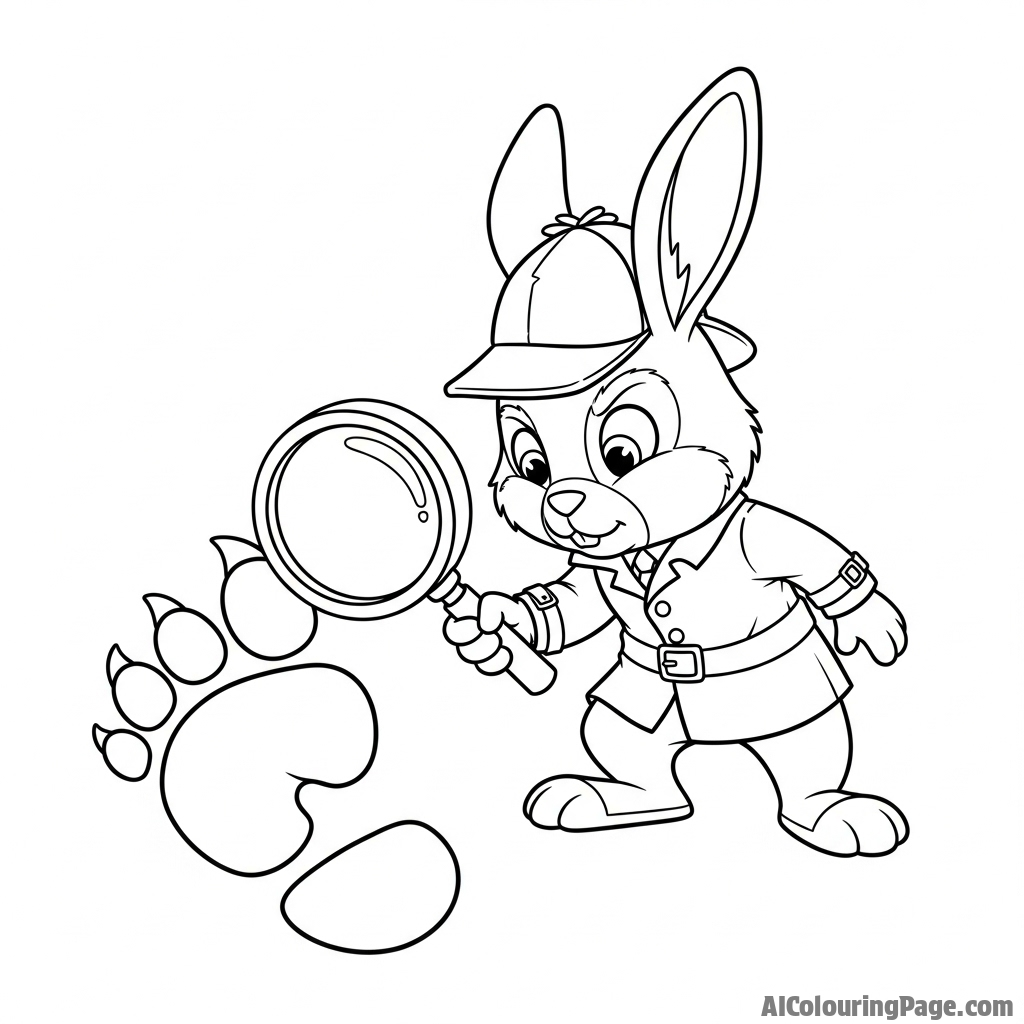 A cartoon bunny detective with a magnifying glass, examining a mysterious footprint.