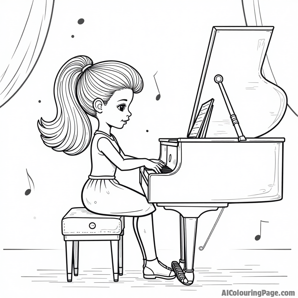 A doll playing the piano on stage, with musical notes and a spotlight, encouraging creativity through music-themed coloring activities.