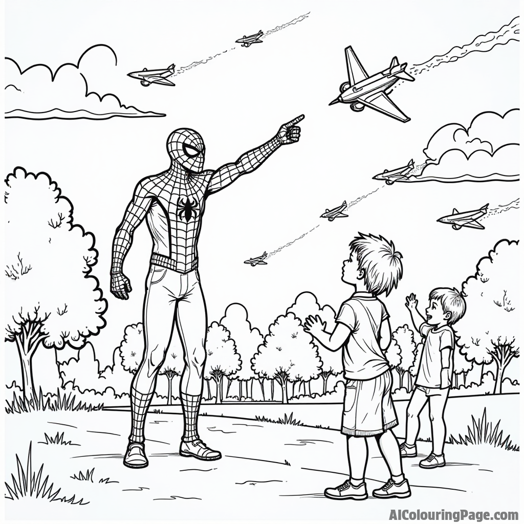 Spiderman helping children fly paper airplanes, a park filled with colorful planes soaring through the sky