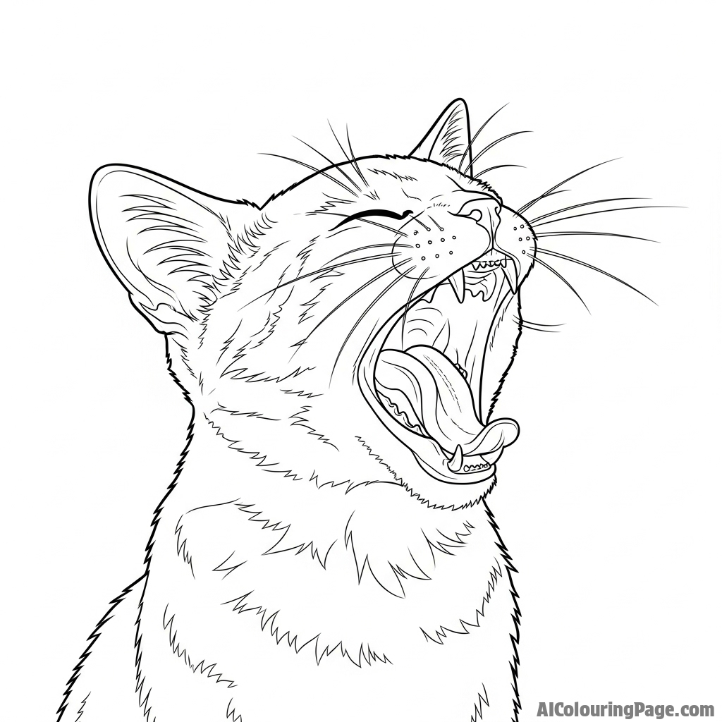 A cat yawning widely, showing its tiny, sharp teeth.