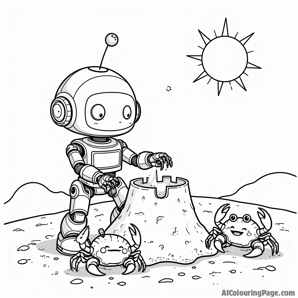 A lovable robot building a sandcastle on a planet, with three playful crabs and a bright sun above.