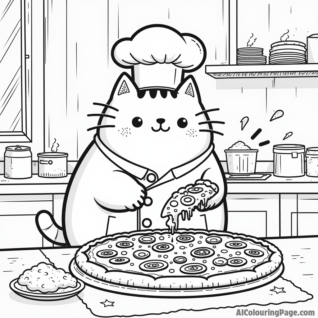 Pusheen as a chef creating a giant pizza with toppings flying everywhere in a busy restaurant kitchen