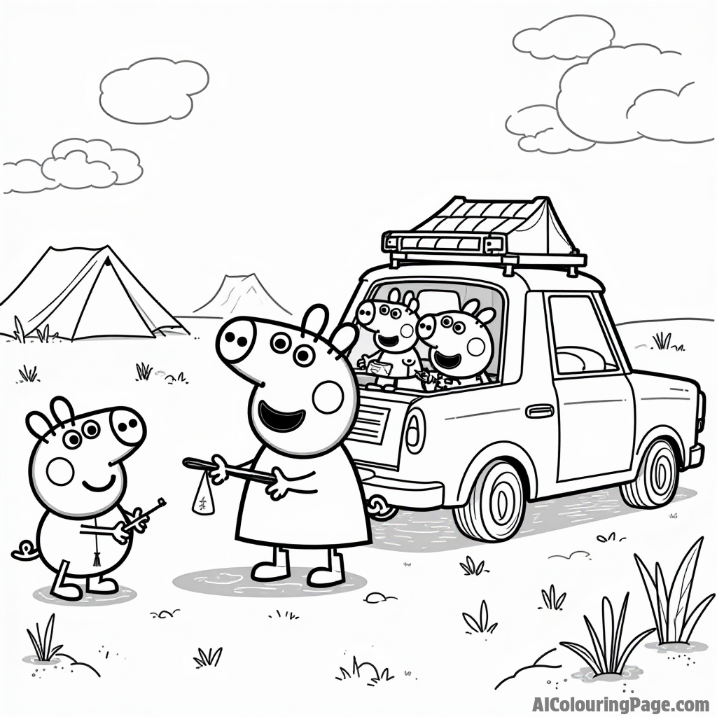 Peppa Pig and her family getting ready for a camping trip, packing the car with tents, snacks, and fishing rods.