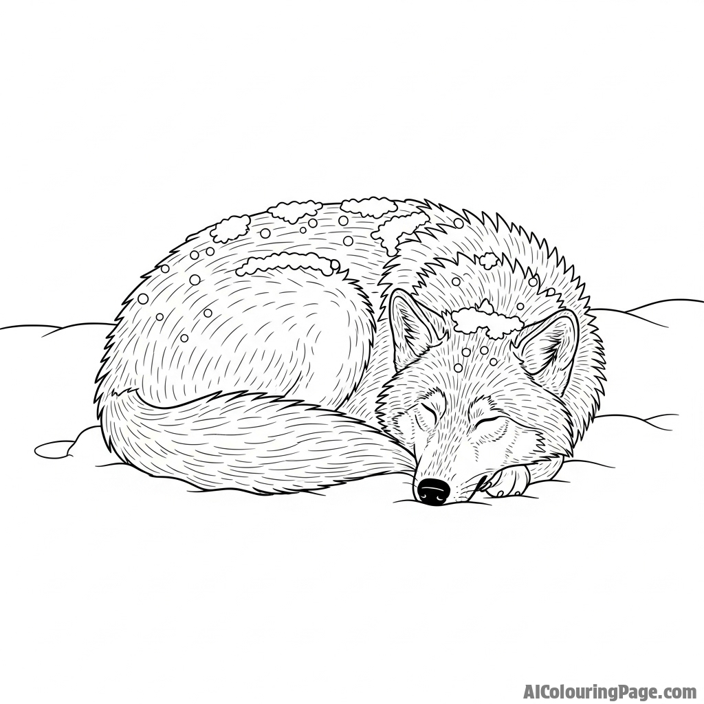 A wolf curled up asleep in the snow, a light dusting of fresh flakes on its thick fur.