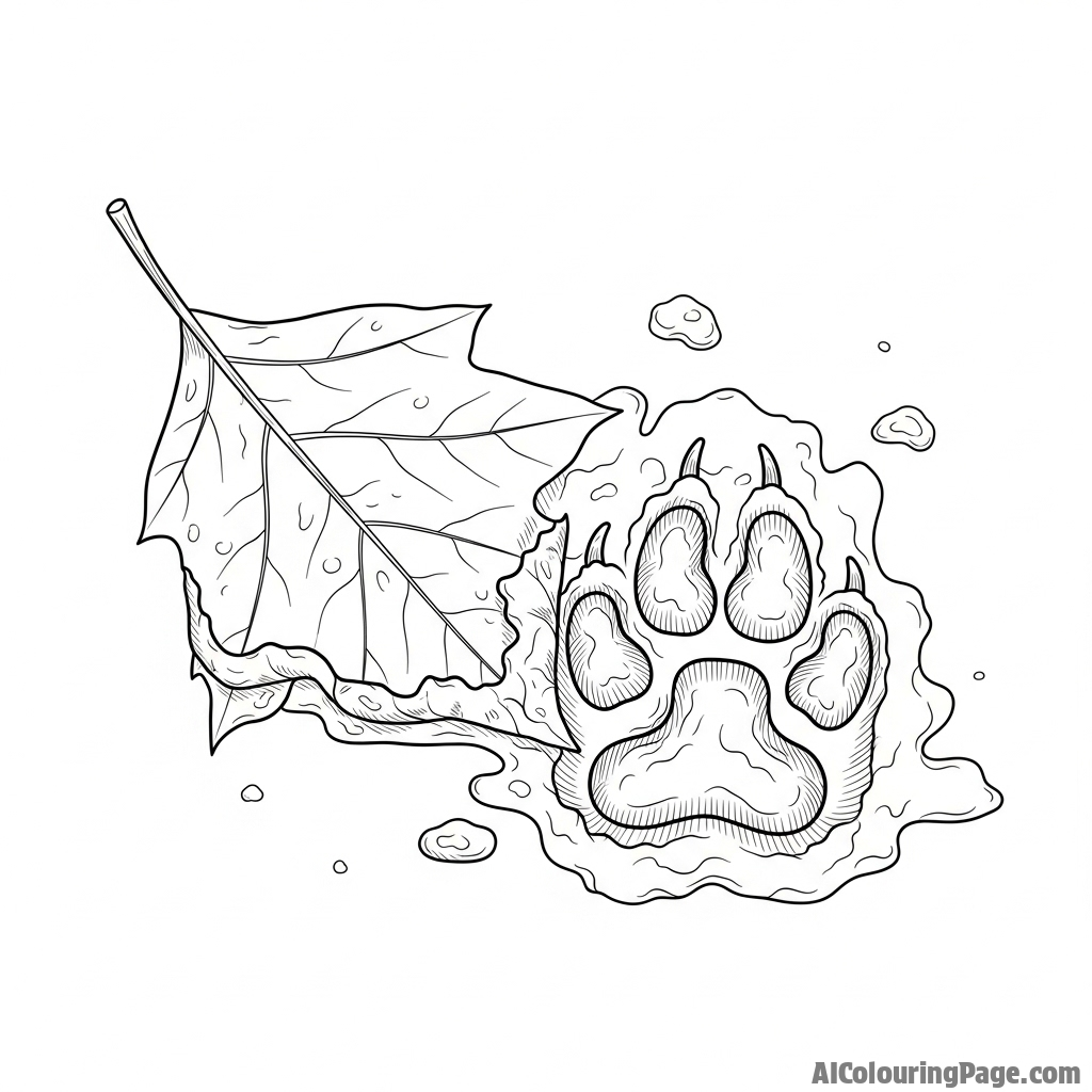 A close-up of a fox paw print pressed into wet mud next to a fallen leaf.