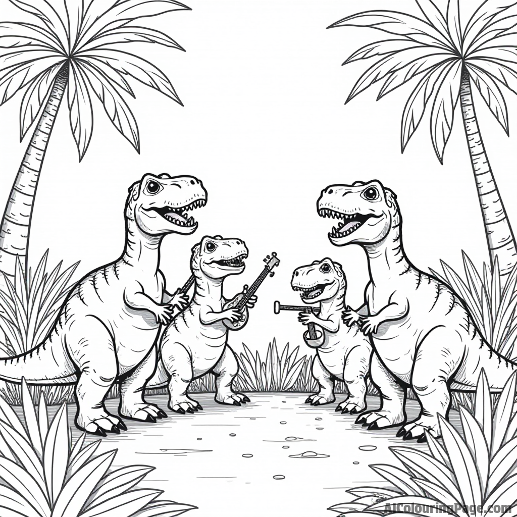 A group of dinosaurs playing musical instruments during a lively prehistoric concert in a vibrant jungle clearing.