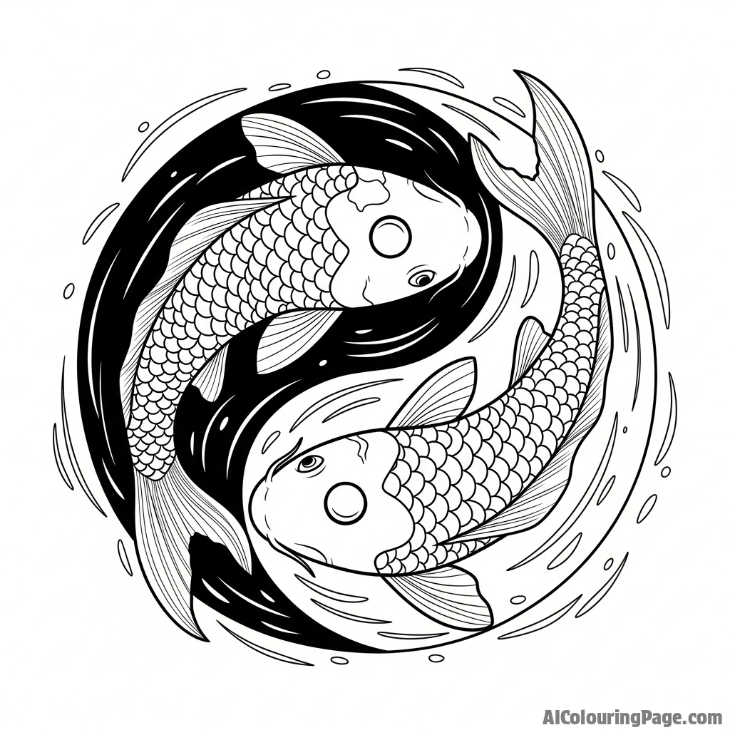 Two koi fish frozen in motion, forming a perfect yin-yang symbol in dark water.
