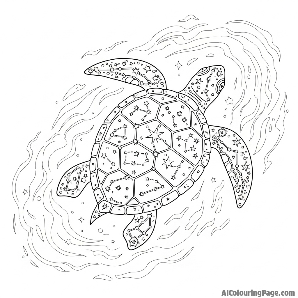 A turtle made of constellations, swimming through a nebula.