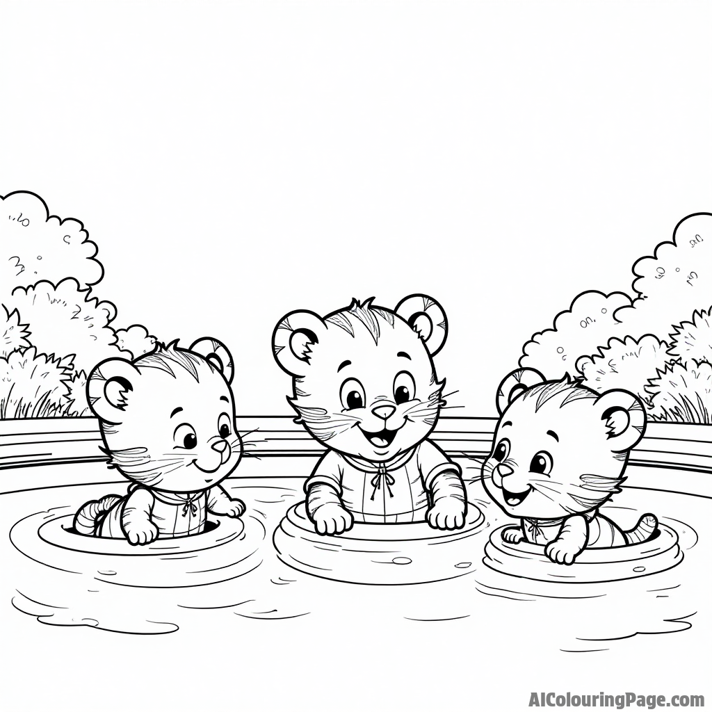 Daniel Tiger and his friends learning to swim in a pool, with floaties, splashes, and smiles as they enjoy the water.