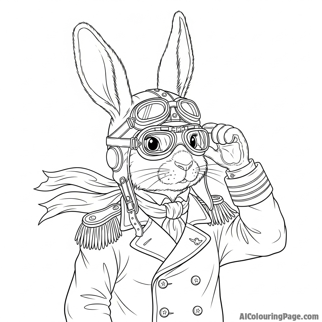An anthropomorphic bunny dressed as a Victorian-era pilot, adjusting its flight goggles.