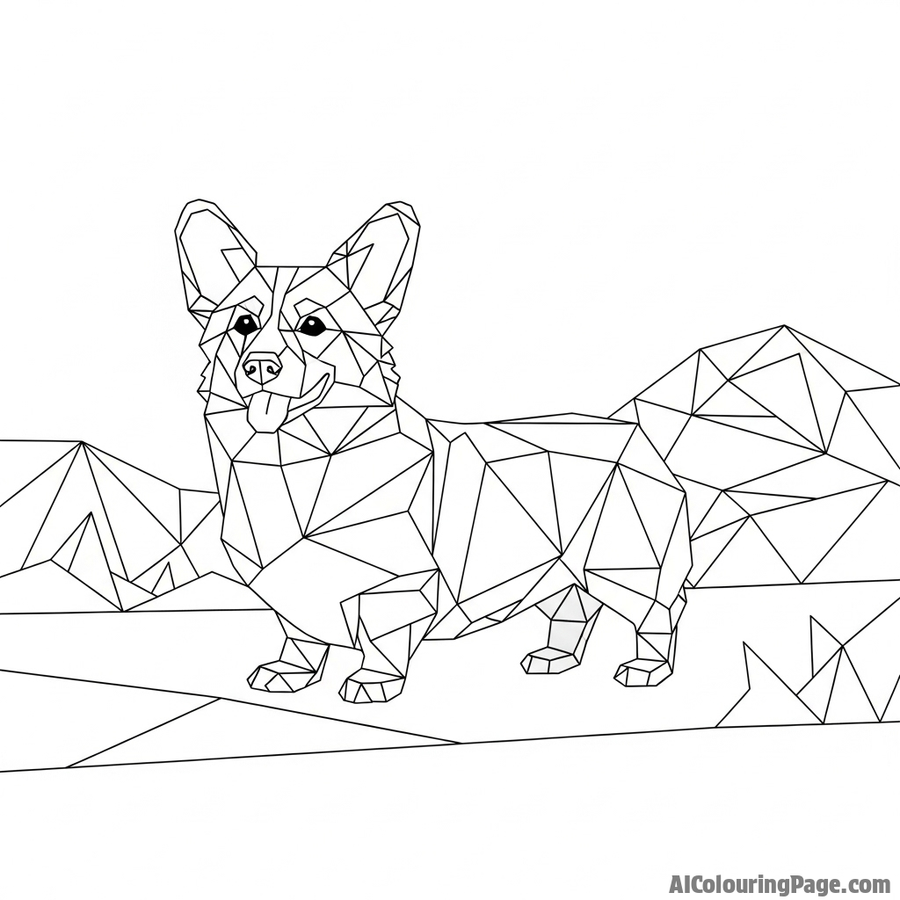 A geometric, low-poly corgi standing in a minimalist landscape.
