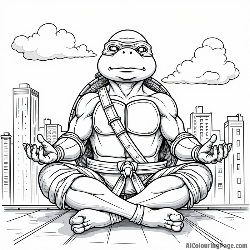 Ninja Turtle meditating on a rooftop