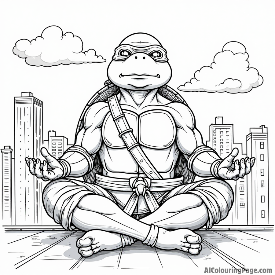 Ninja Turtle meditating on a rooftop