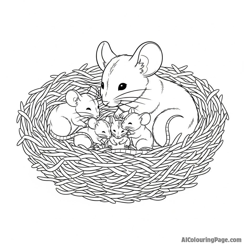 A family of mice huddled together in a nest made of shredded paper and soft fibers.