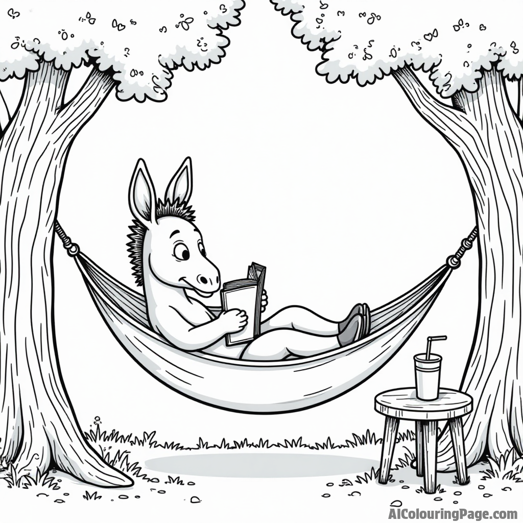 A donkey relaxing in a hammock between two trees, reading a book with a drink on a side table nearby