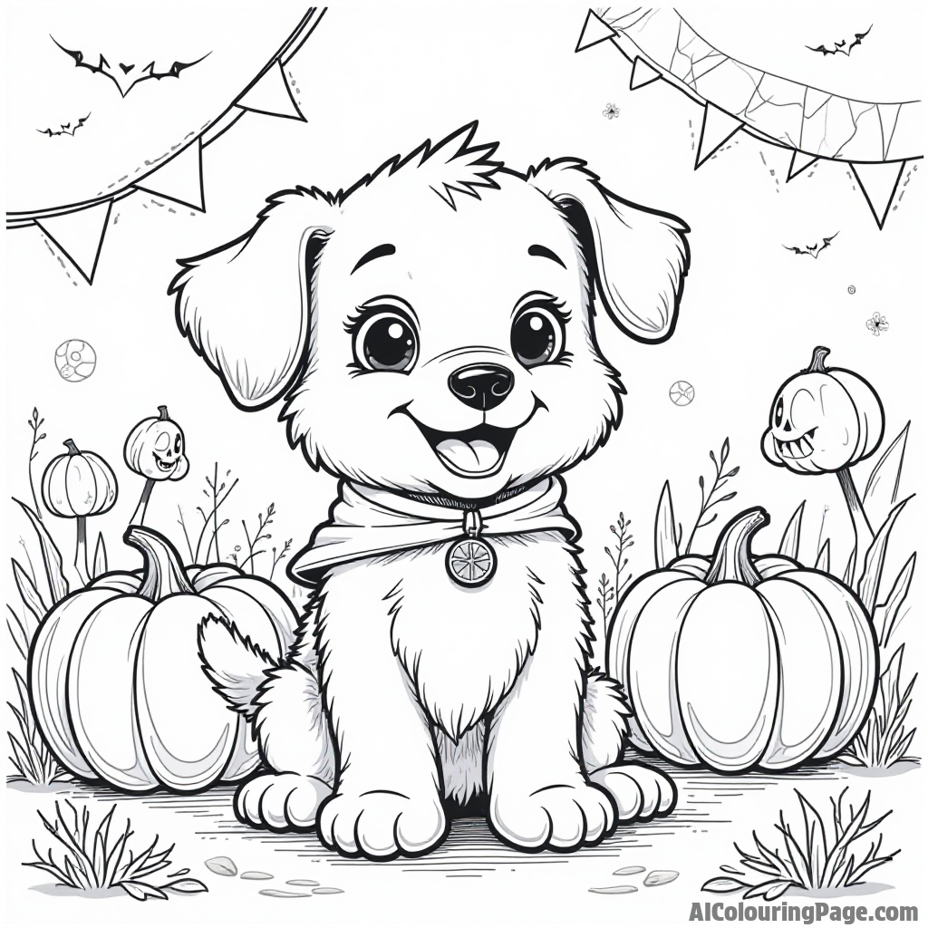 A puppy getting ready for Halloween, wearing a costume, with pumpkins and spooky decorations in the background.