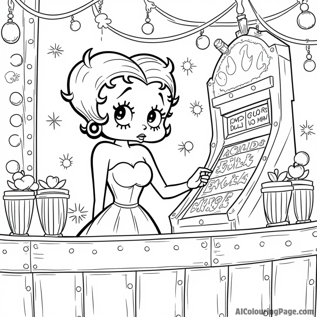 Betty Boop at a carnival game booth with prizes and colorful lights surrounding her while having fun