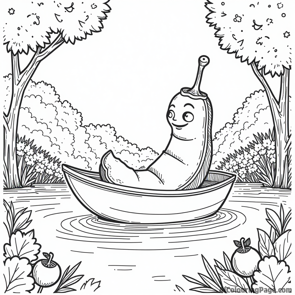 A curious pea pod sailing on a boat made of leaves on a river surrounded by vegetable friends.