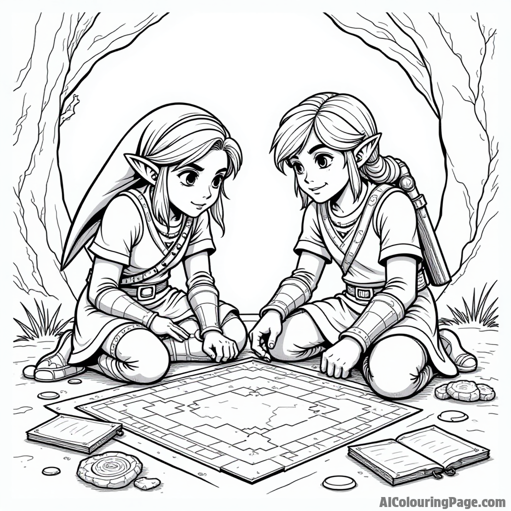 Link and Zelda working together to solve a puzzle, surrounded by ancient stone tablets, clues, and a glowing map