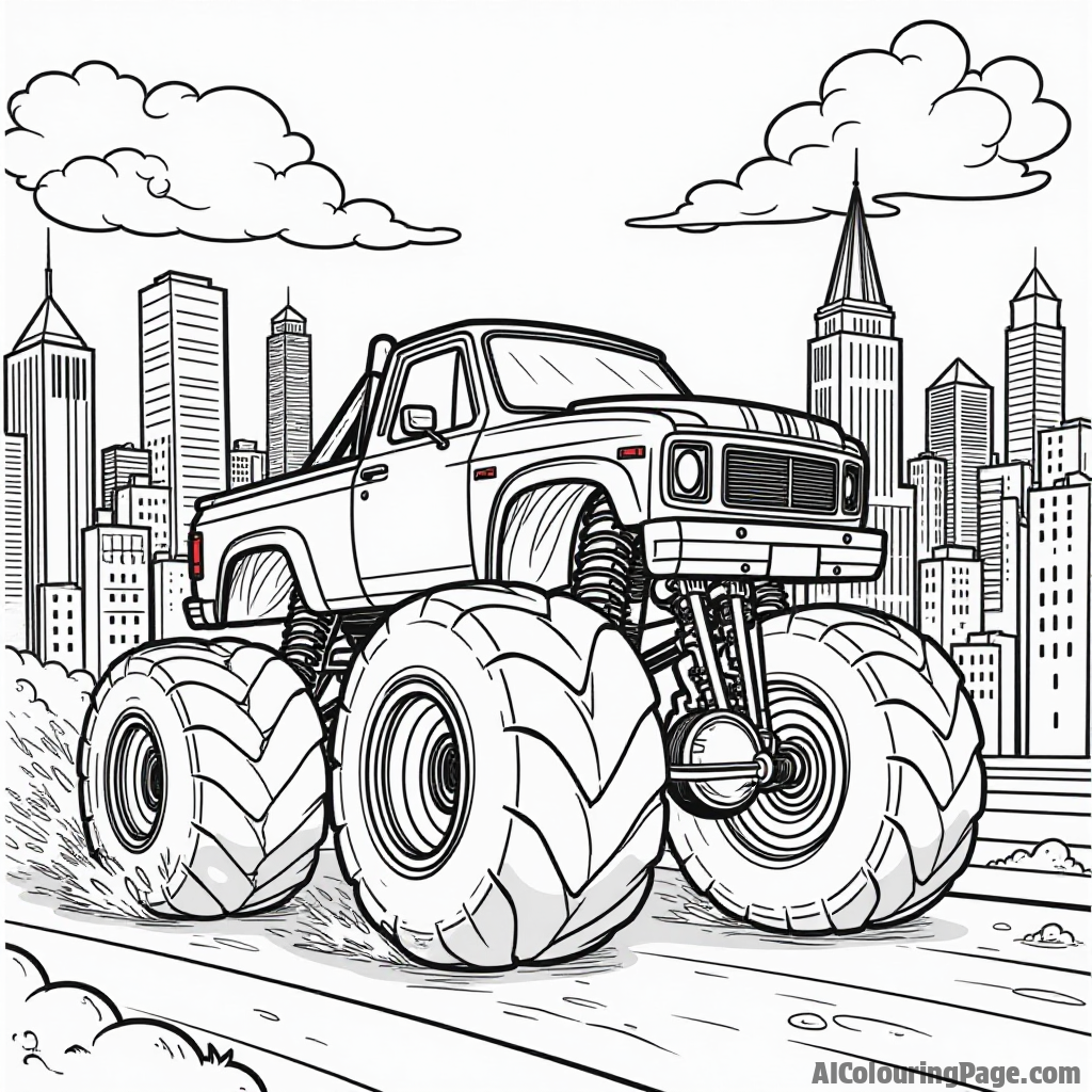 A monster truck racing through a vibrant cityscape, with skyscrapers and friendly pedestrians looking on, creating an adventurous scene for kids to color and explore their creativity.