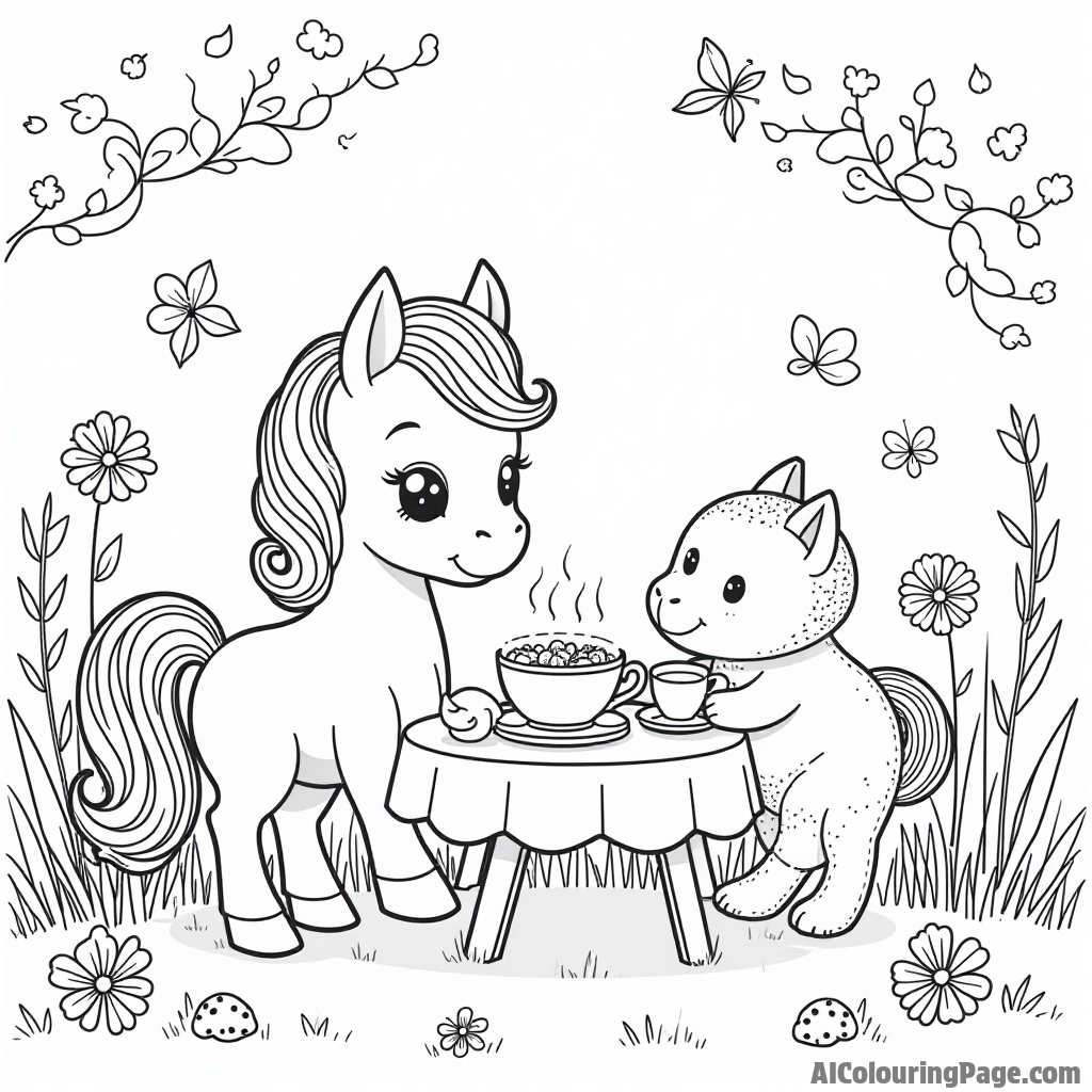 A pony having a tea party with stuffed animals in a charming garden filled with butterflies and ladybugs.