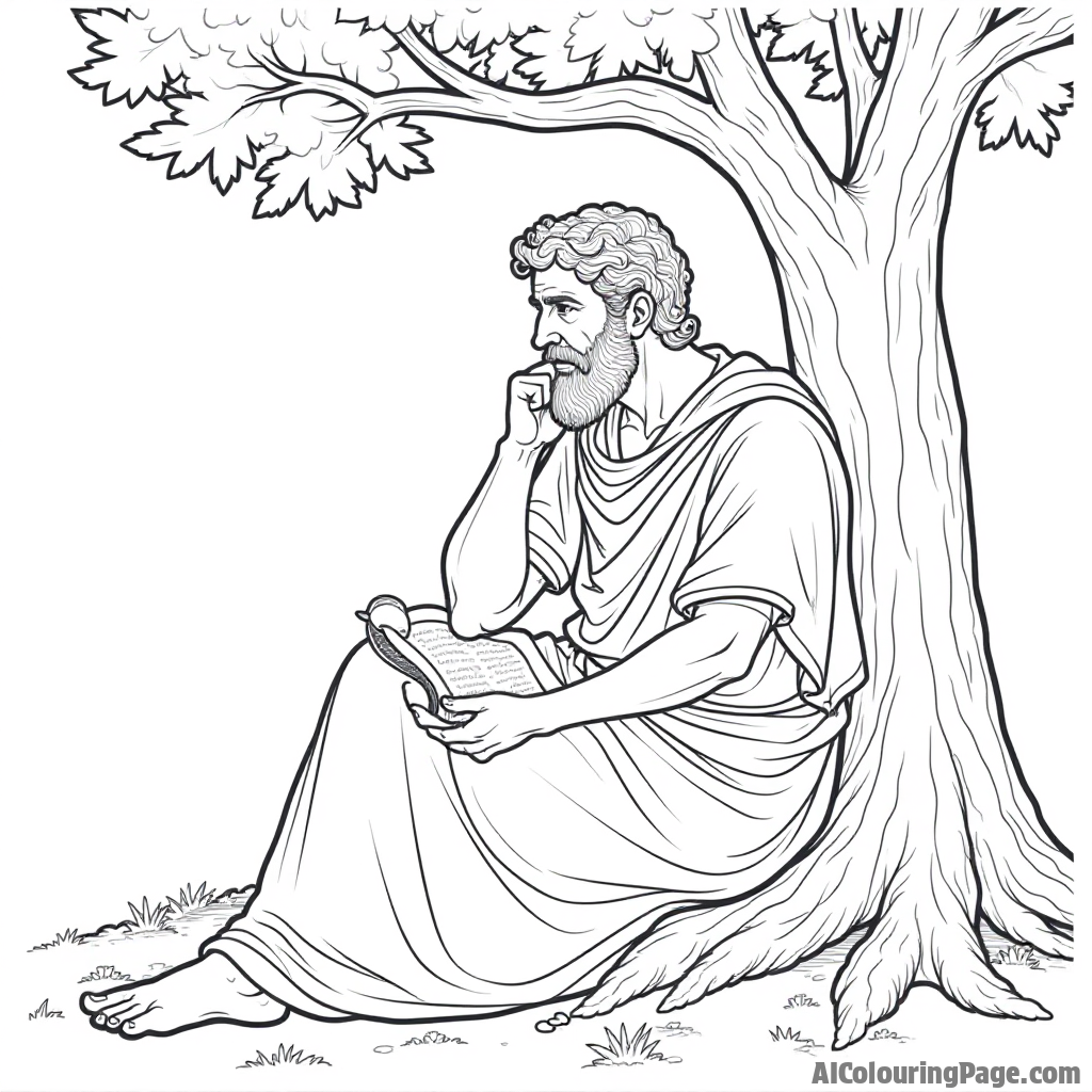 A Roman philosopher in a toga, sitting under a tree with scrolls, deep in thought, representing wisdom and learning in ancient Rome, perfect for a thoughtful coloring page.