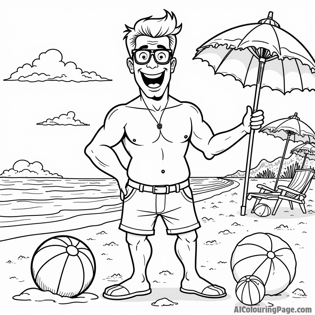 Johnny Bravo having fun at a beach party with colorful beach balls and umbrellas