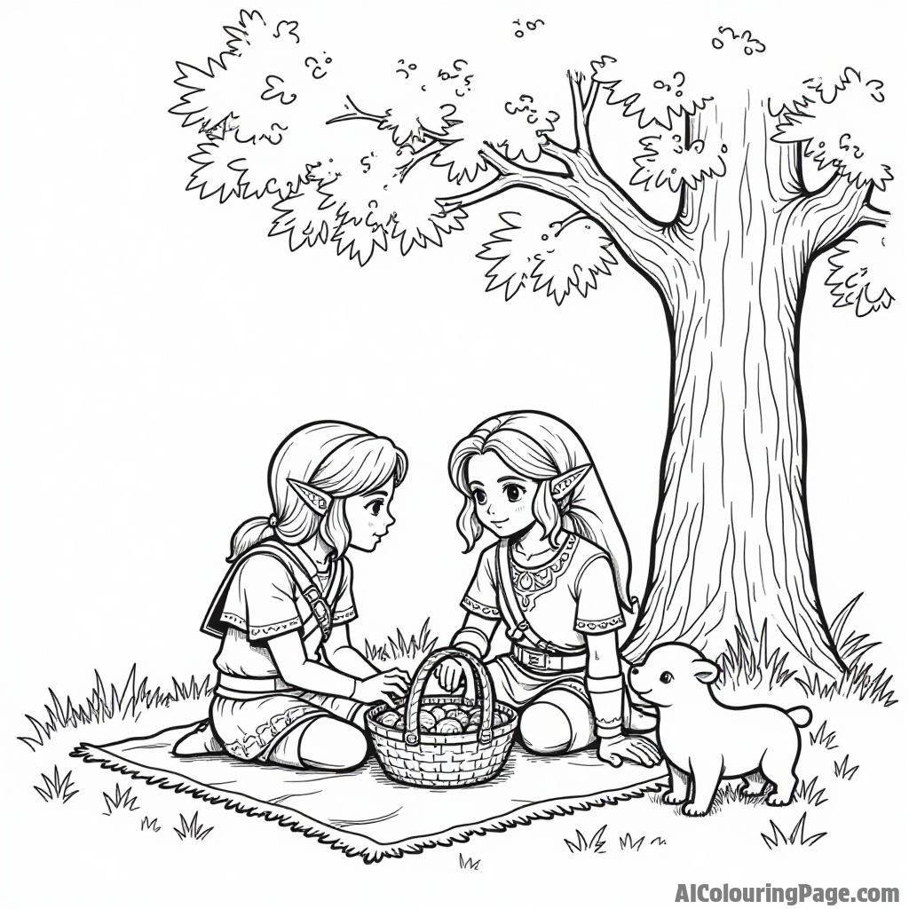 Zelda and Link sharing a picnic under a tree, with a basket of food, a blanket, and playful animals nearby