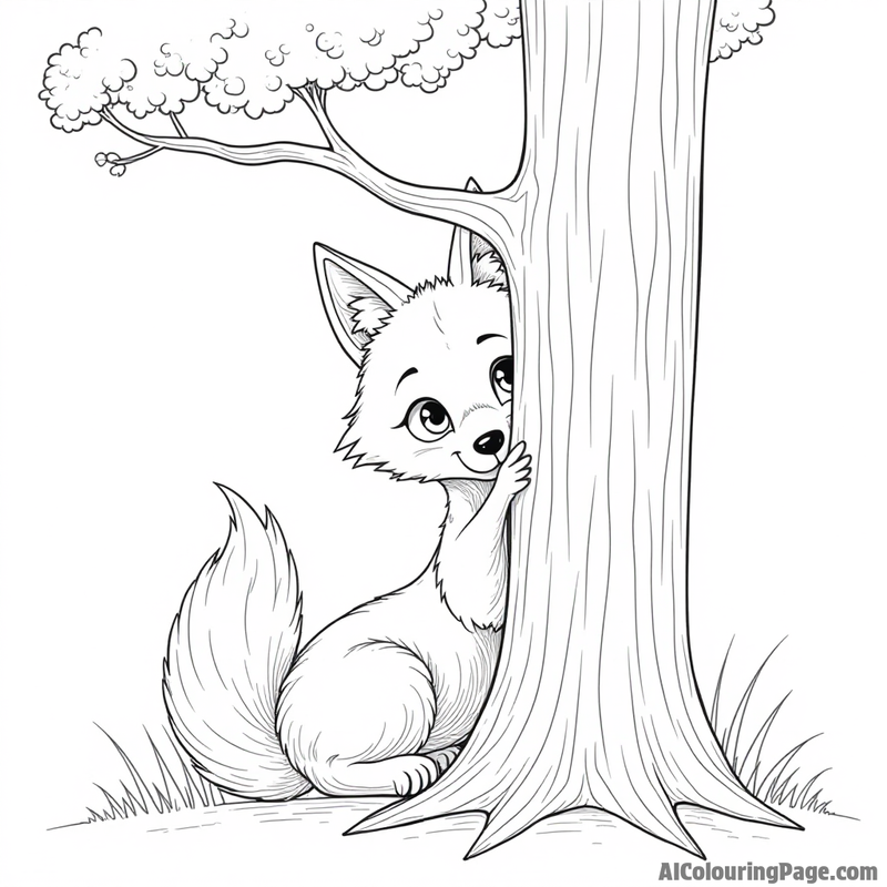 A fox peeking out from behind a tree