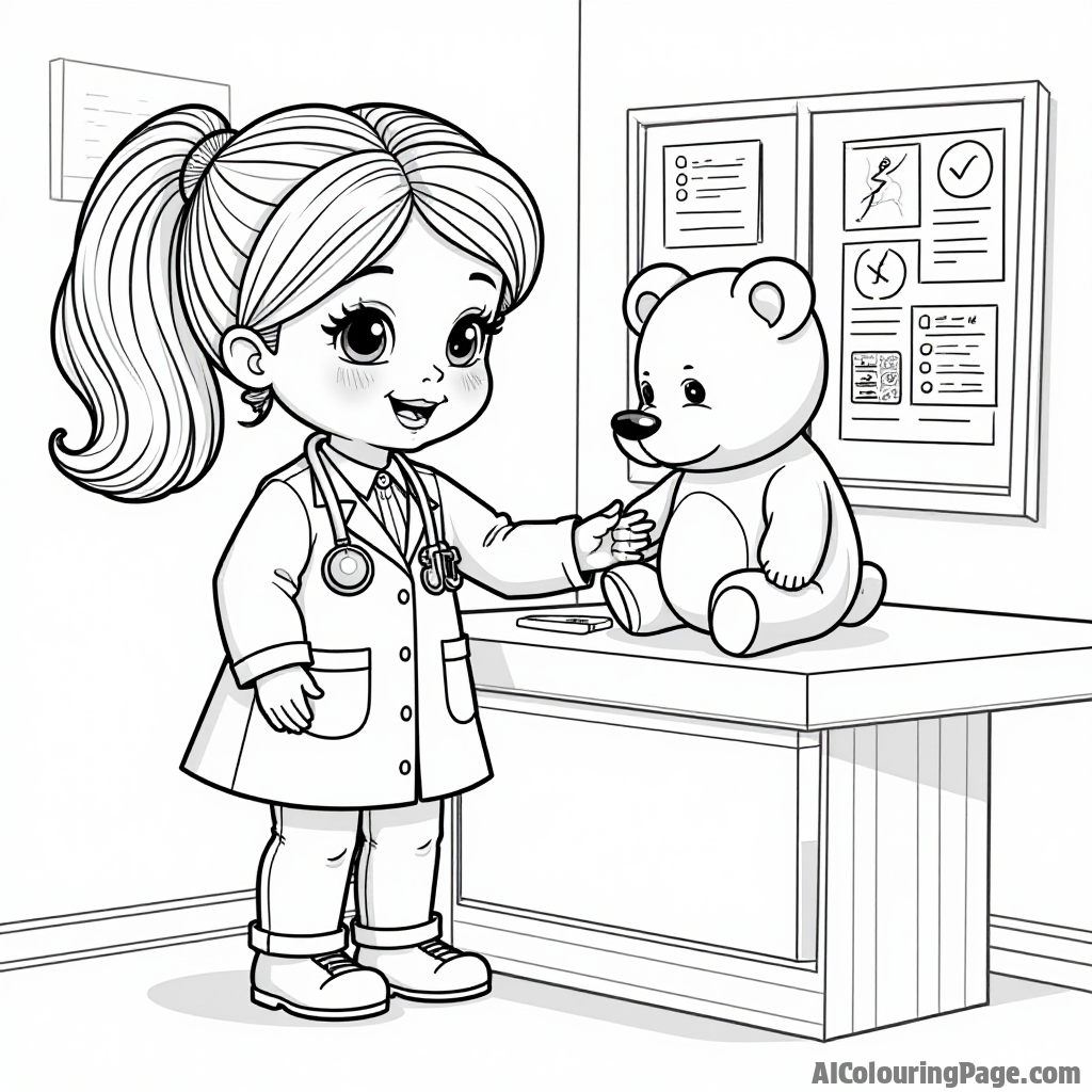 A doll dressed as a doctor, examining a teddy bear in a clinic, complete with medical tools and charts, for a fun and educational coloring experience.