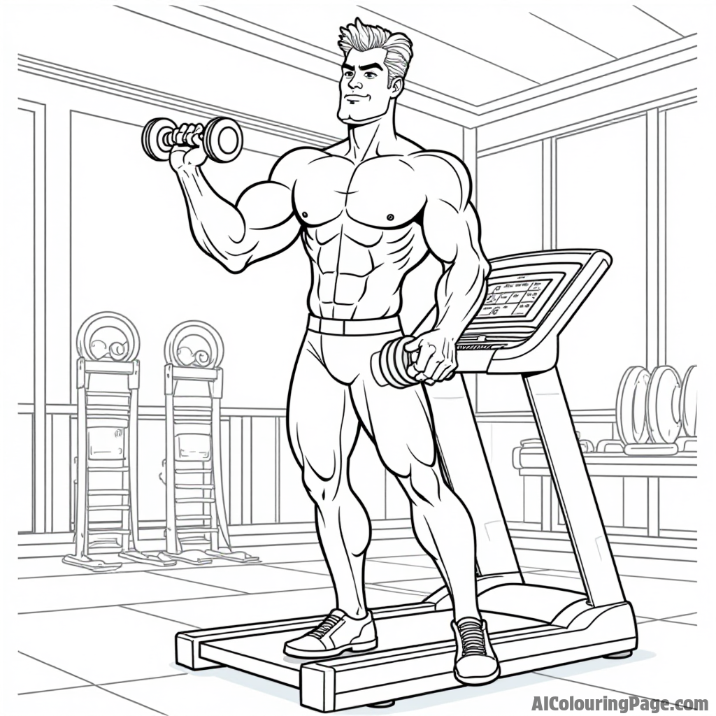 Johnny Bravo working out in a gym with weights and a treadmill