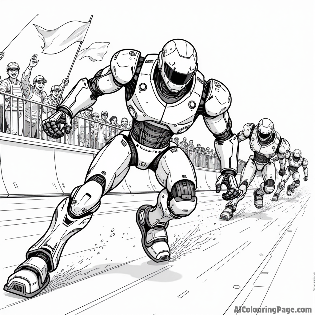 Cyborg competing in a robot race, with other robots zooming by, while cheering fans wave flags in the background.