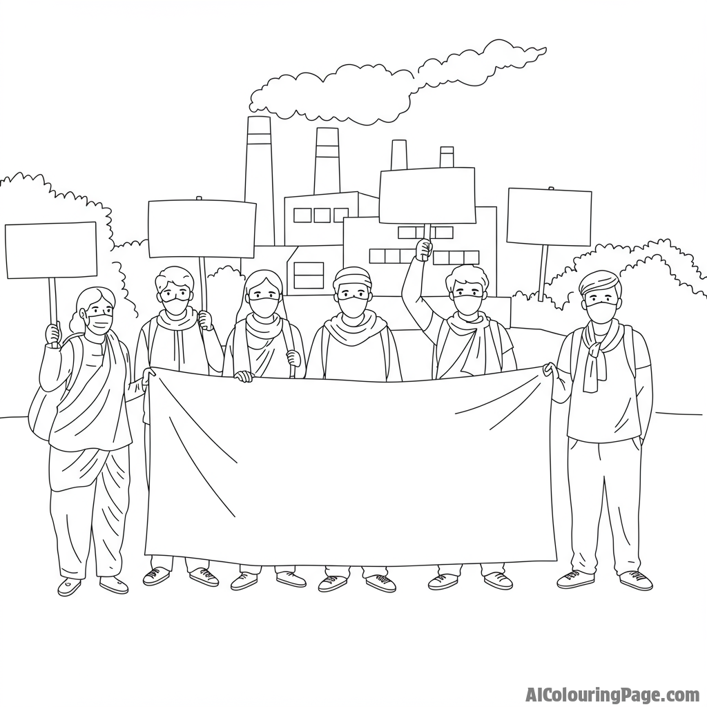 A group of activists protesting pollution near a factory.