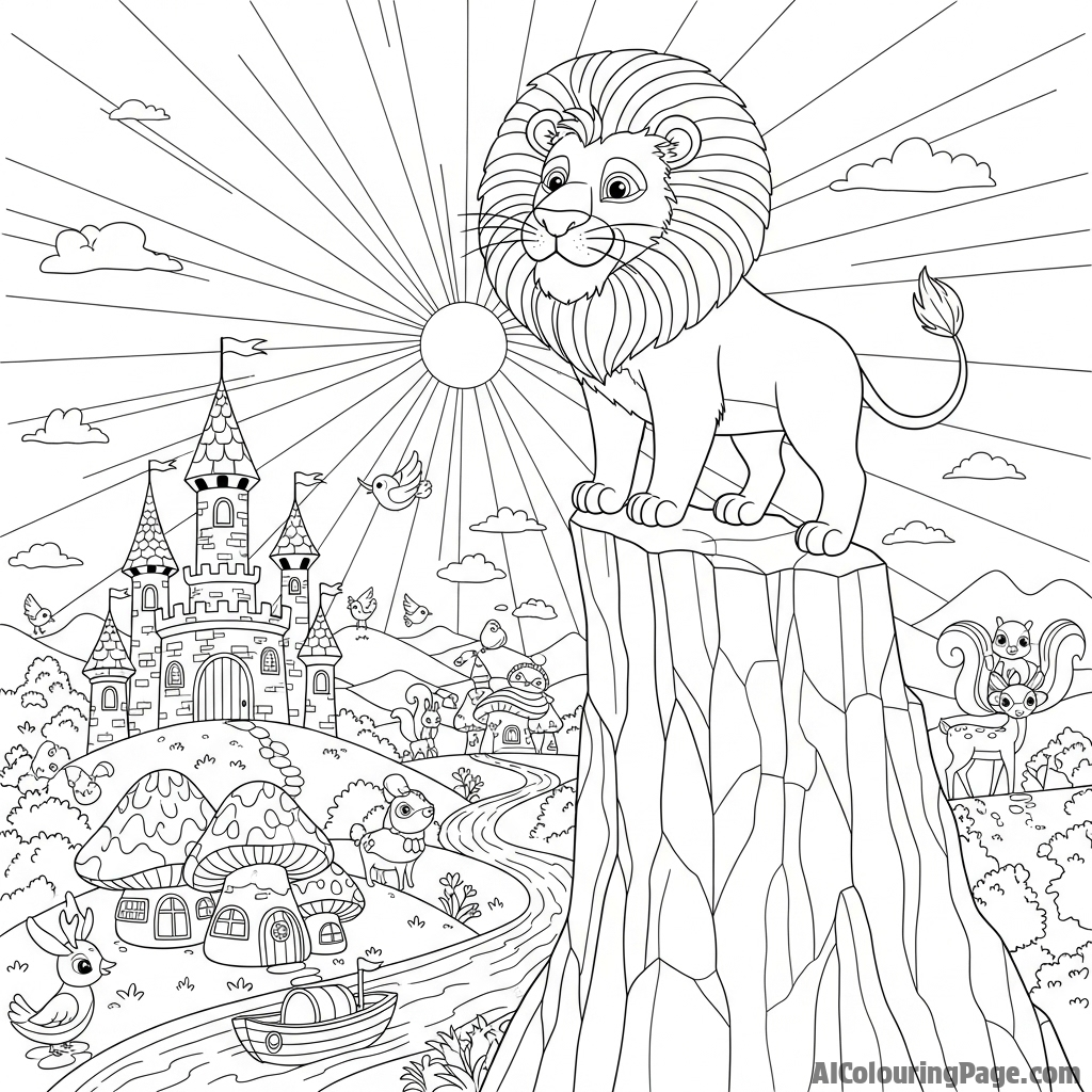 A lion standing on a high, craggy outcrop, surveying its kingdom below.