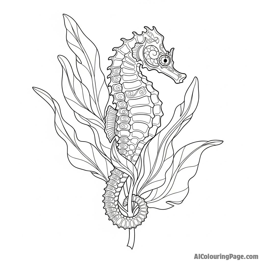 A seahorse clinging to a piece of seaweed with its prehensile tail.