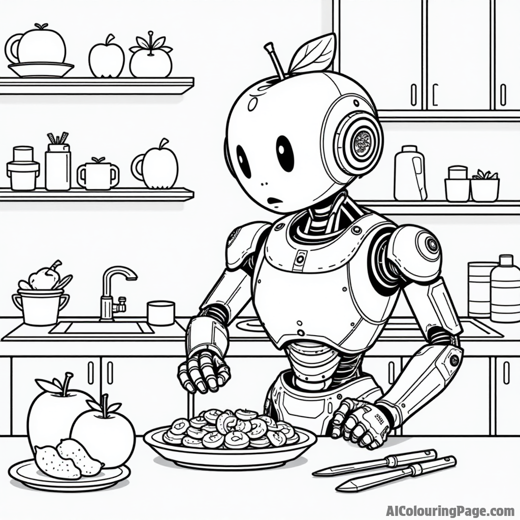 An apple robot in a futuristic kitchen, creating delicious apple dishes with high-tech gadgets and tools.