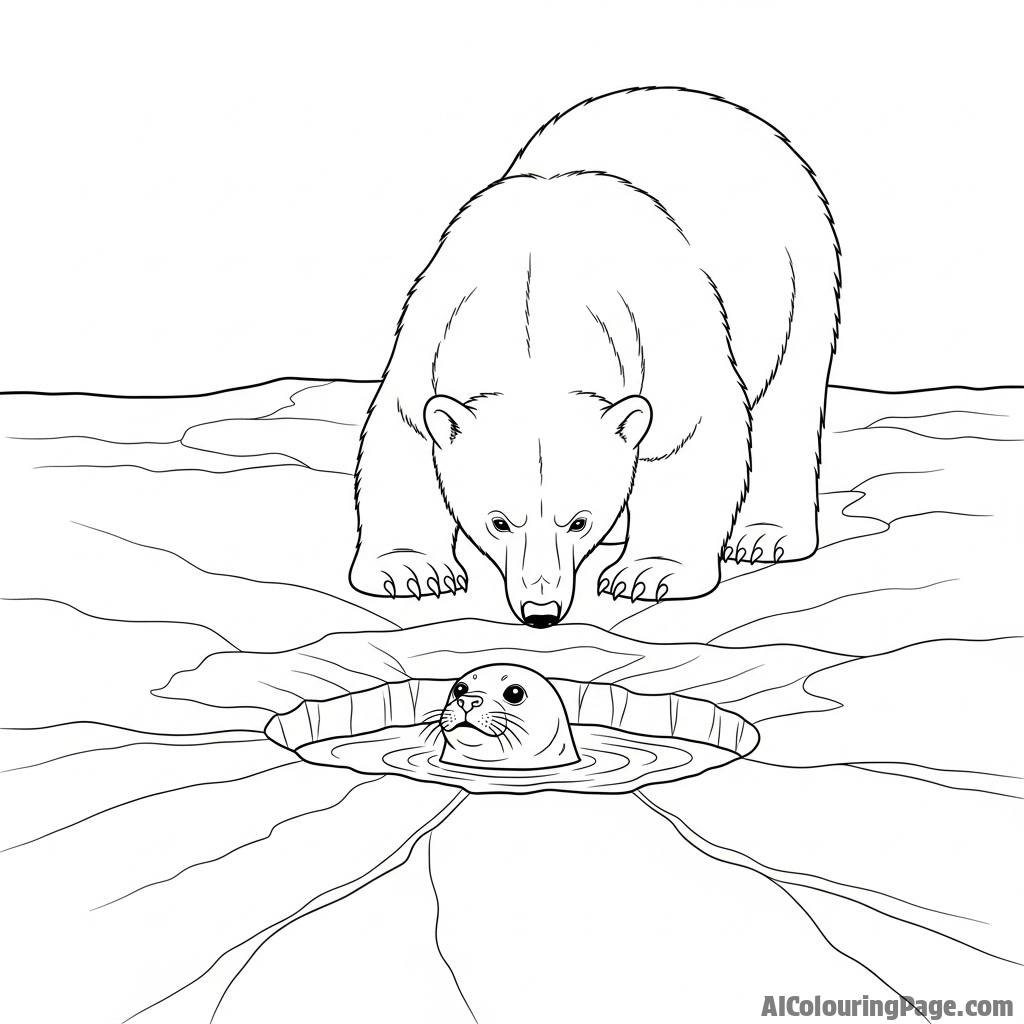 A polar bear peering into a seal's breathing hole in the sea ice.