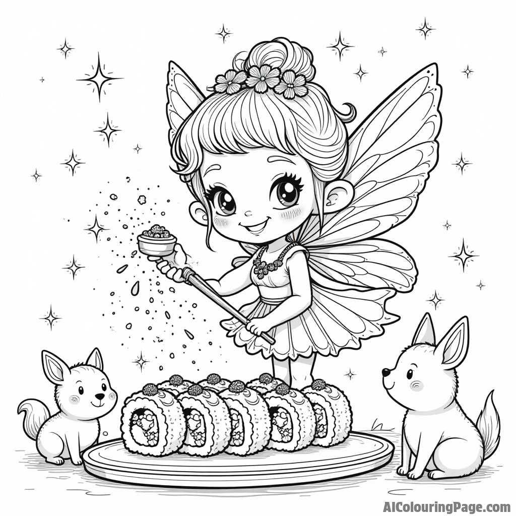 A magical sushi fairy sprinkling colorful toppings on sushi rolls, surrounded by sparkles and happy forest animals.