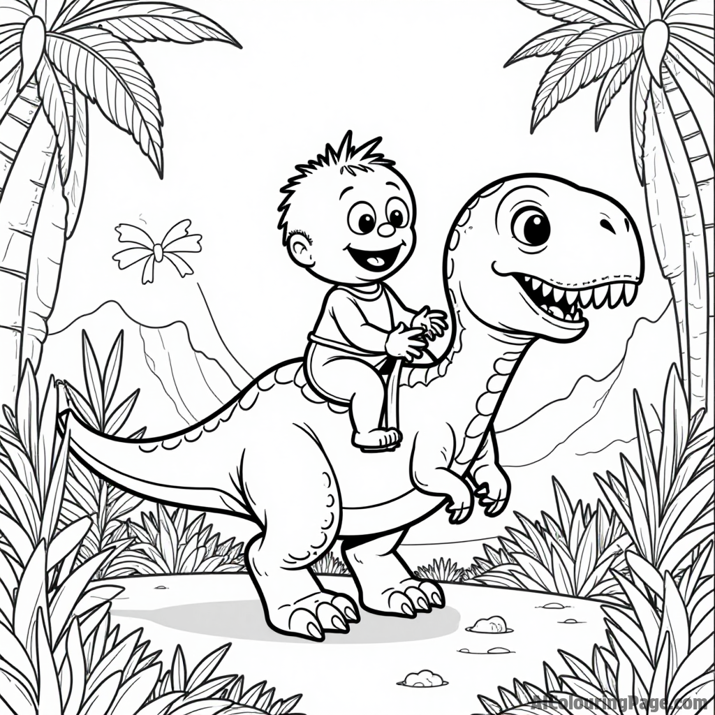 A Muppet baby riding a friendly dinosaur through a prehistoric jungle, with colorful plants and other dinosaurs in the background.