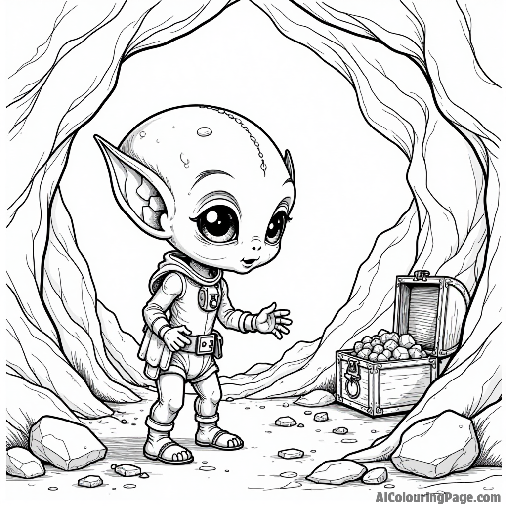 A curious alien child exploring a treasure cave filled with shiny gems and mysterious artifacts, a fun adventure for kids.