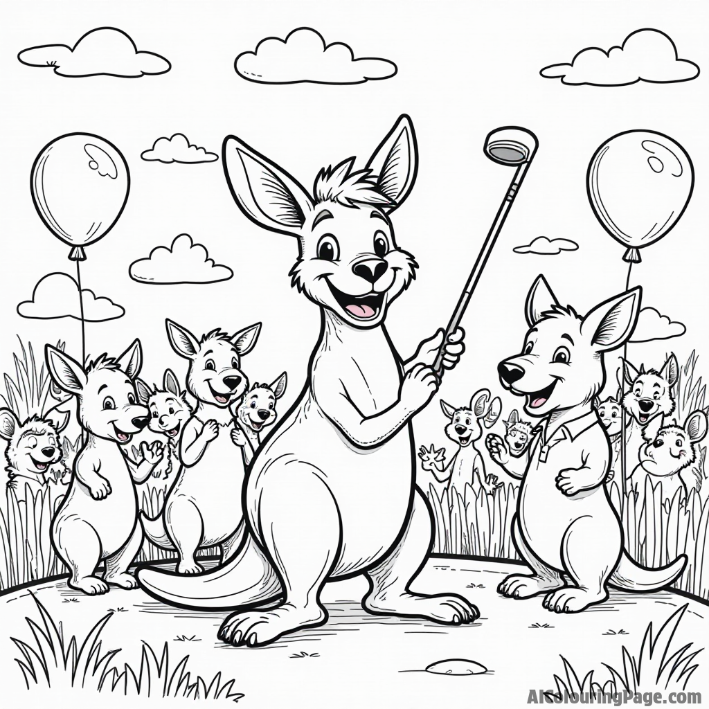 A joyful scene of a golf tournament, with cartoon animals cheering on a kangaroo golfer, surrounded by colorful banners and balloons for children to color brightly.