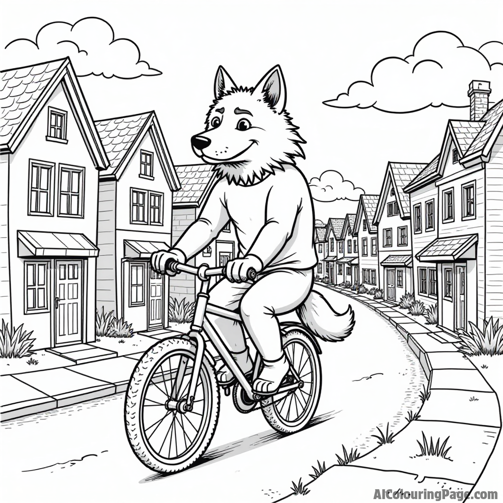 A werewolf riding a bicycle through a whimsical town with colorful houses and friendly creatures waving hello.