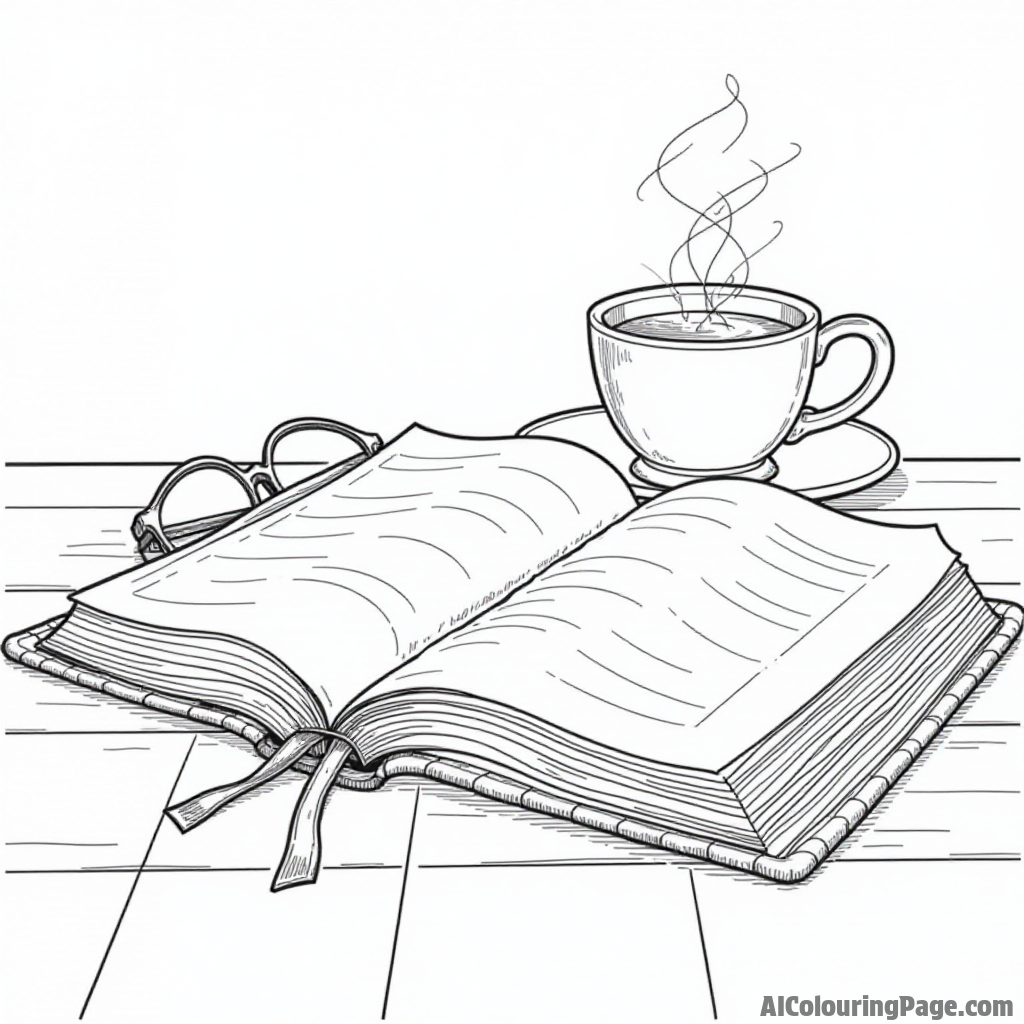 A large open Bible resting on a wooden table, with a pair of glasses and a steaming cup of tea nearby.