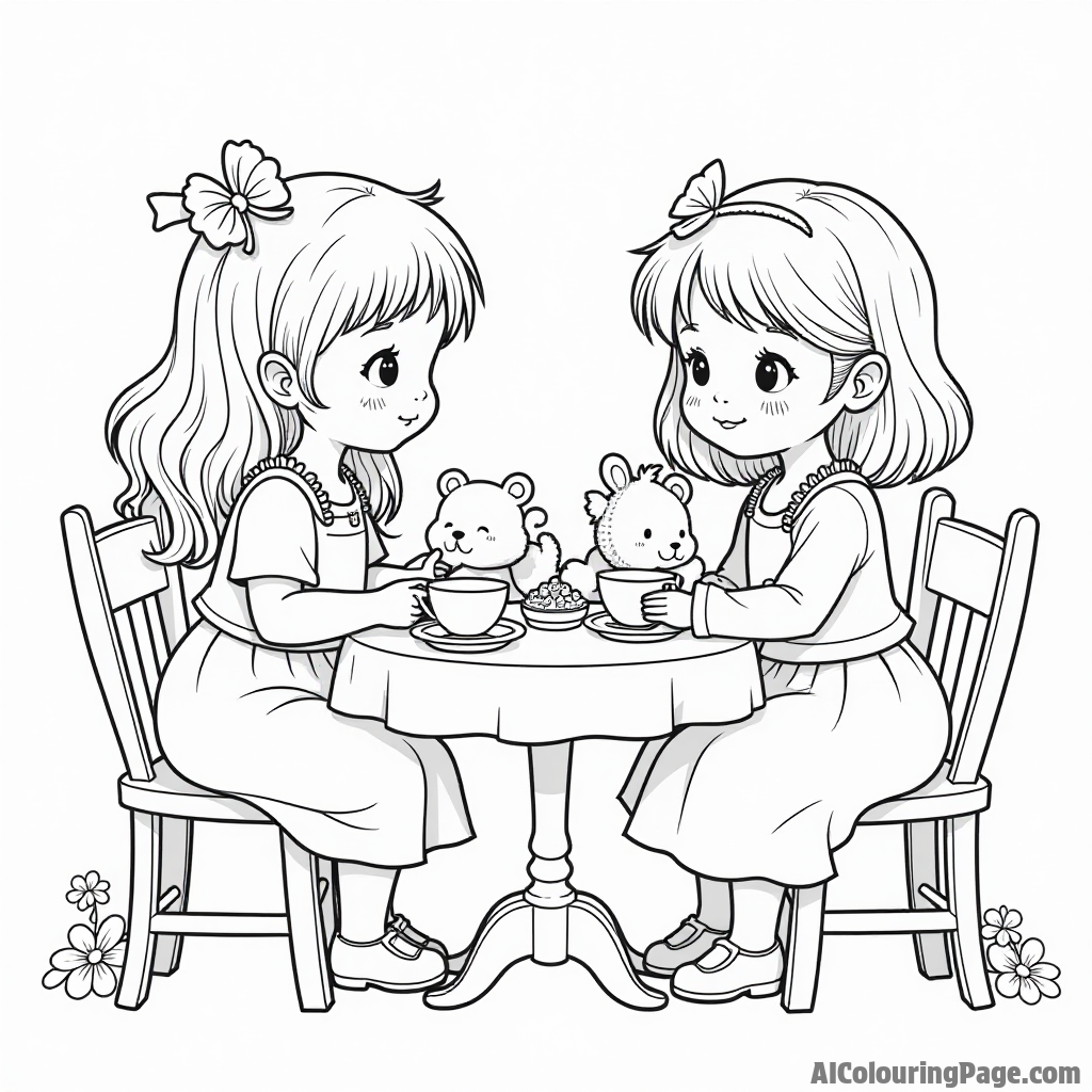 The girls having a tea party with stuffed animals, sitting at a small table adorned with teacups, cakes, and flowers