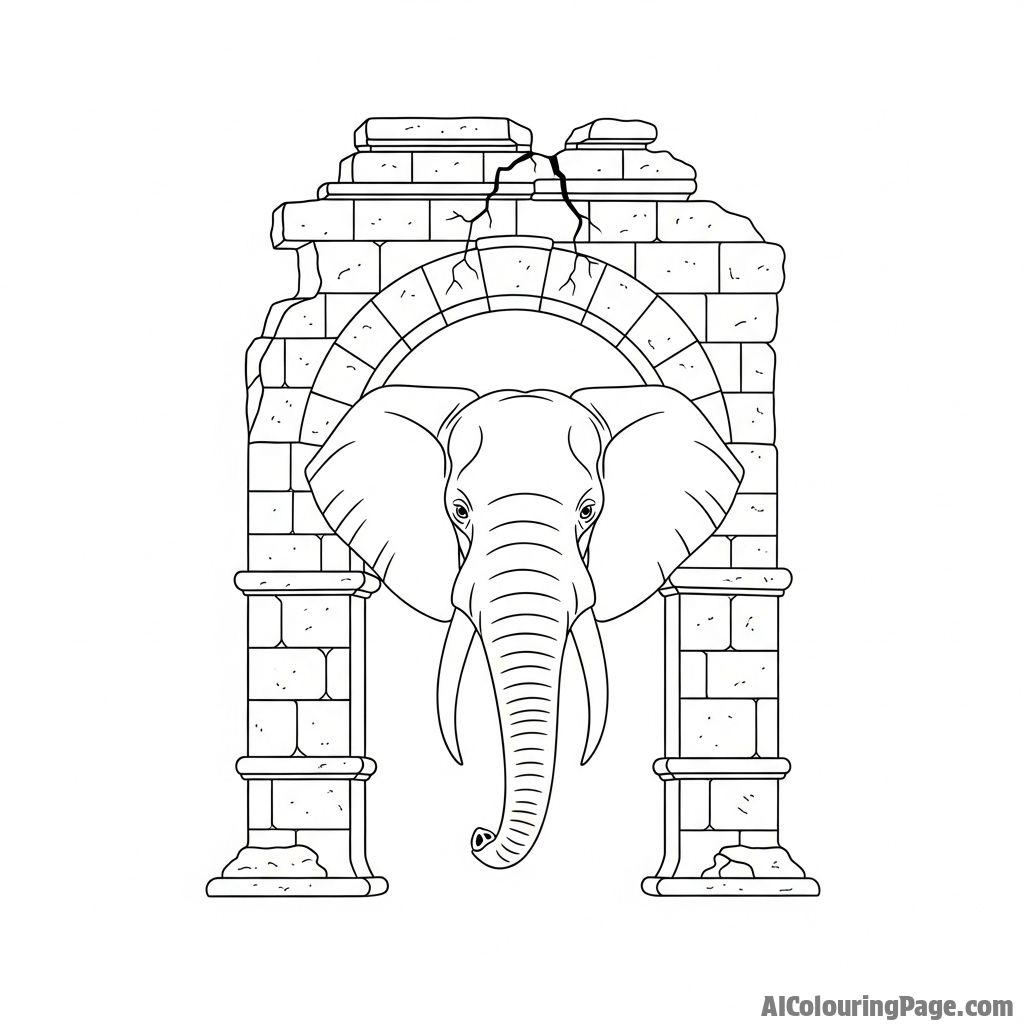 An elephant peeking its head through the ruins of an ancient stone archway.