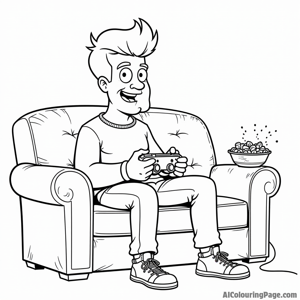 Johnny Bravo playing video games on a couch with a game controller and snacks