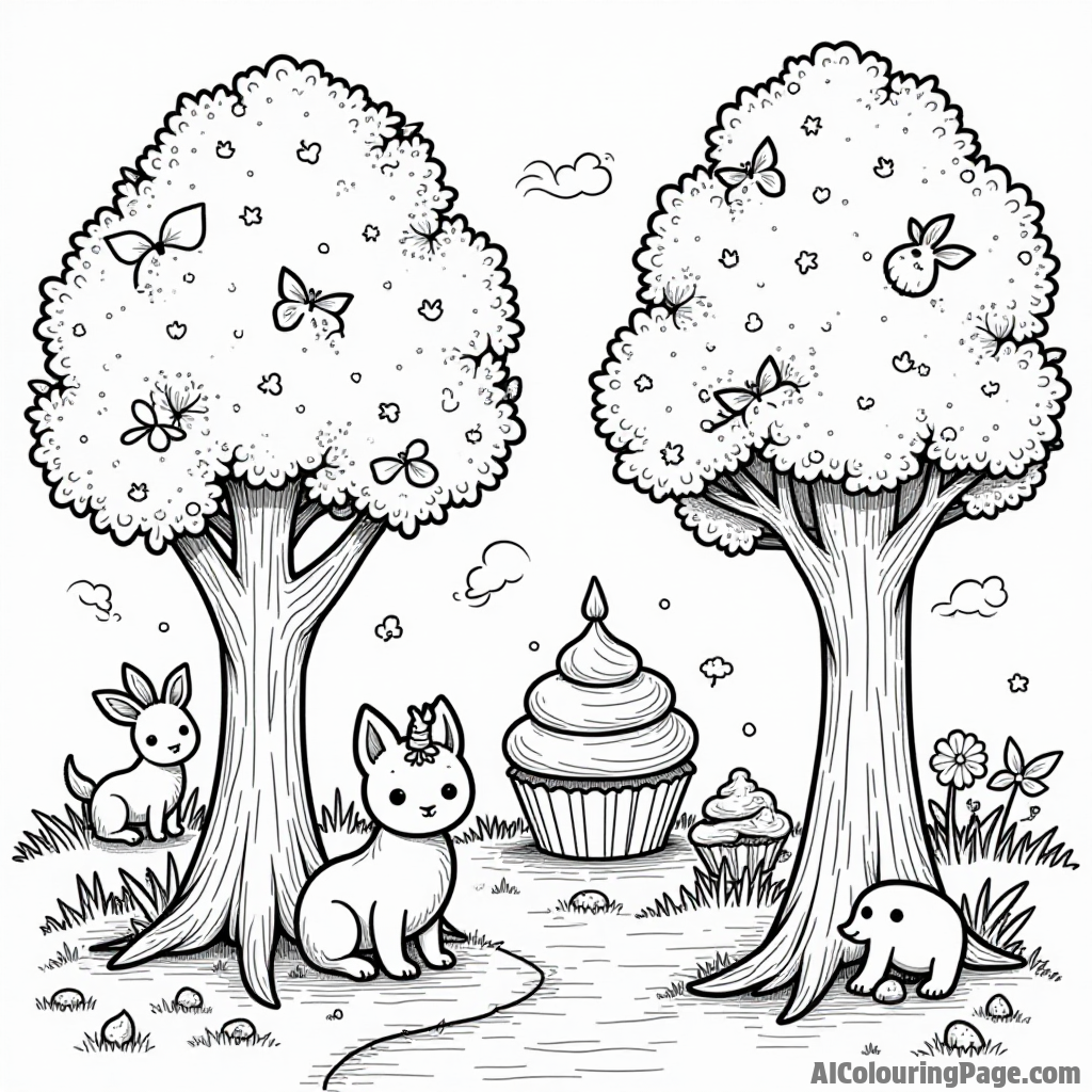 A cupcake forest where trees are made of cupcakes, with woodland creatures having fun among the frosting branches.