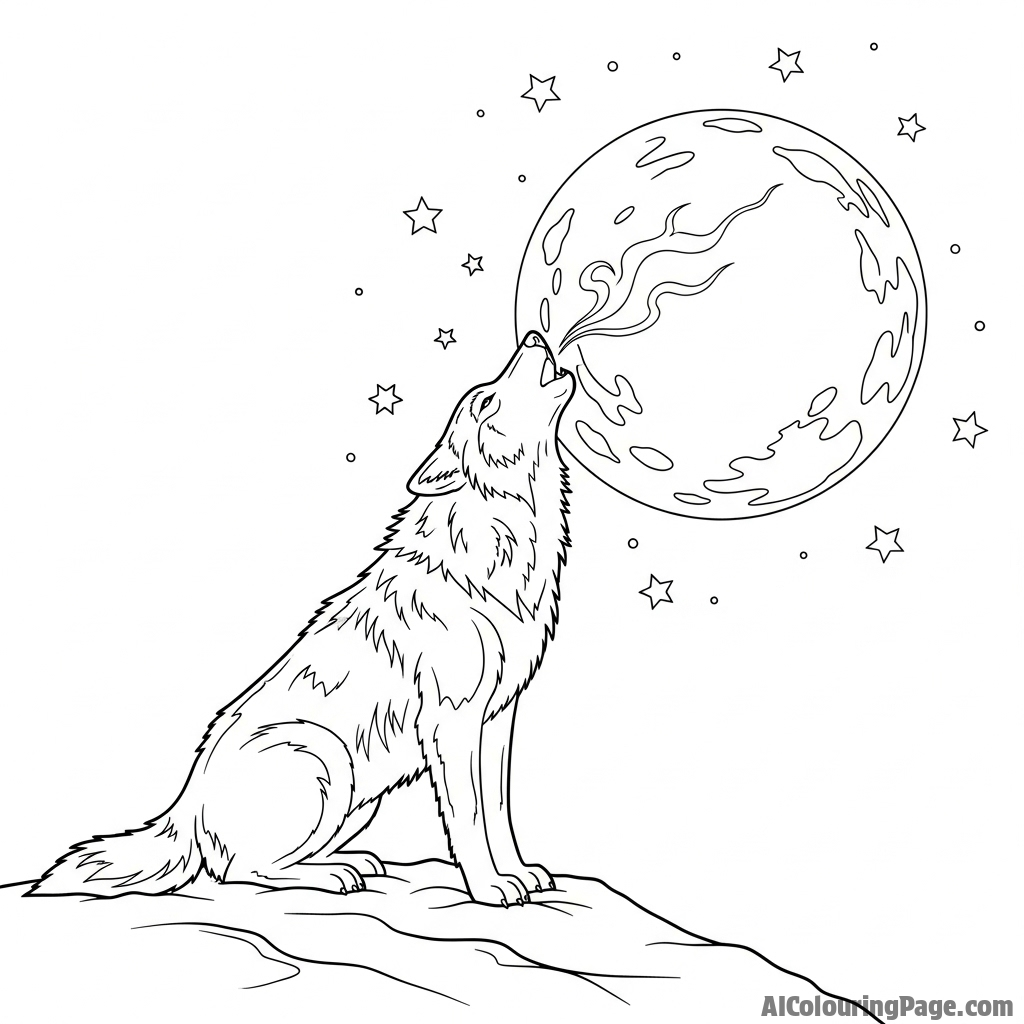 A lone wolf howling at a full moon, its breath visible in the frigid air.